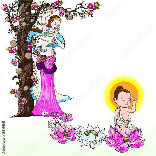 Buddha's mother standing under the cannon Ball Tree with little Lord Buddha is Born and standing on seven Lotus flower