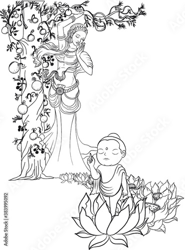 Buddha's mother standing under the cannon Ball Tree with little Lord Buddha is Born and standing on seven Lotus flower