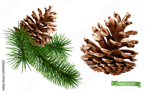Pine cone christmas decoration 3d realistic vector icon