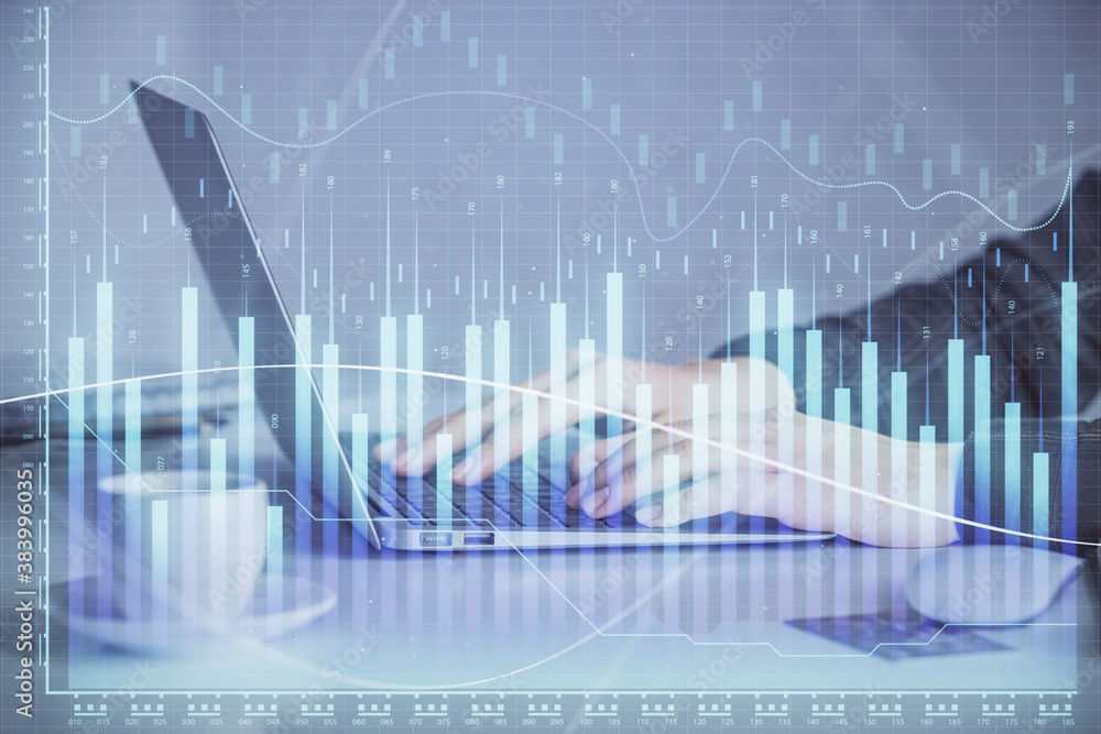 Double exposure of businesswoman hands typing on computer and forex graph hologram drawing. Financial analysis concept. Double exposure of businesswoman hands typing on computer and forex graph hologram drawing. Financial analysis concept.