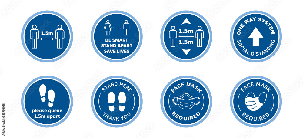 Covid-19 Social Distancing Sign icons set 1.5m Metre Distance and Face Mask Required / Must Be Worn. Floor sticker or signs flat icon infographic such as one way system, stand apart, facemask Covid-19 Social Distancing Sign icons set 1.5m Metre Distance and Face Mask Required / Must Be Worn. Floor sticker or signs flat icon infographic such as one way system, stand apart, facemask