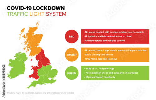 Covid-19 Lockdown Traffic Light System UK. New Three Tier Traffic-Light Social Distancing Lockdown System Explained Infographic Vector Sign with UK Map Icon for Coronavirus Covid Pandemic Prevention 