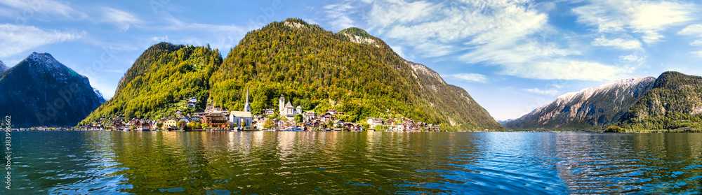 Panorama from Lake Hallstatt with views of the town, lake and mountains, Salzkammergut, Austria