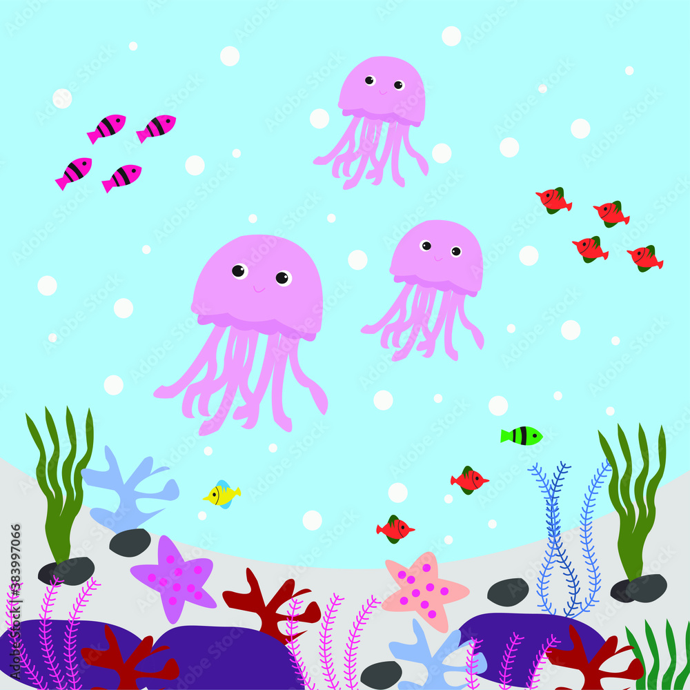 Illustration Vector Graphic of Water World Jellyfish Undersea Cartoon. Illustration Vector Graphic of Water World Jellyfish Undersea Cartoon.