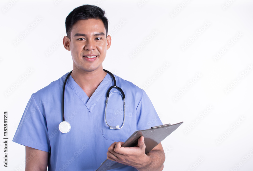 Portrait of young doctor smiling and standing on white background Portrait of young doctor smiling and standing on white background
