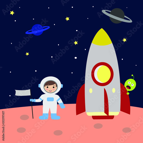 Fototapeta Naklejka Na Ścianę i Meble -  Astronaut And Alien In Space With Rocket Illustration Vector.