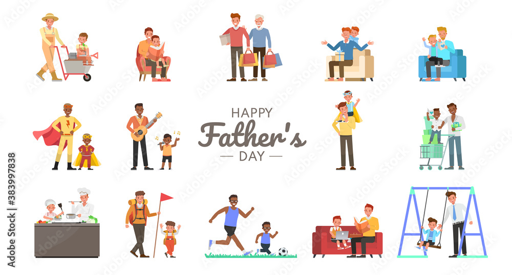 Fototapeta premium Set of Happy father and son character vector design for father's Day concept. Presentation in various action with emotions, running, standing and walking.