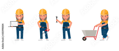 Young builder kid in blue uniform vector character design. Presentation in various action with emotions.