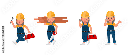 Young builder kid in blue uniform vector character design. Presentation in various action with emotions.