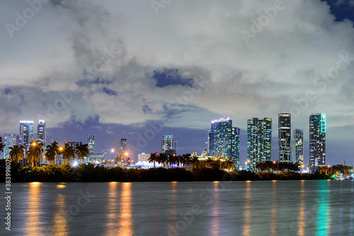 Miami city night. Beautiful Miami Florida skyline at sunset.