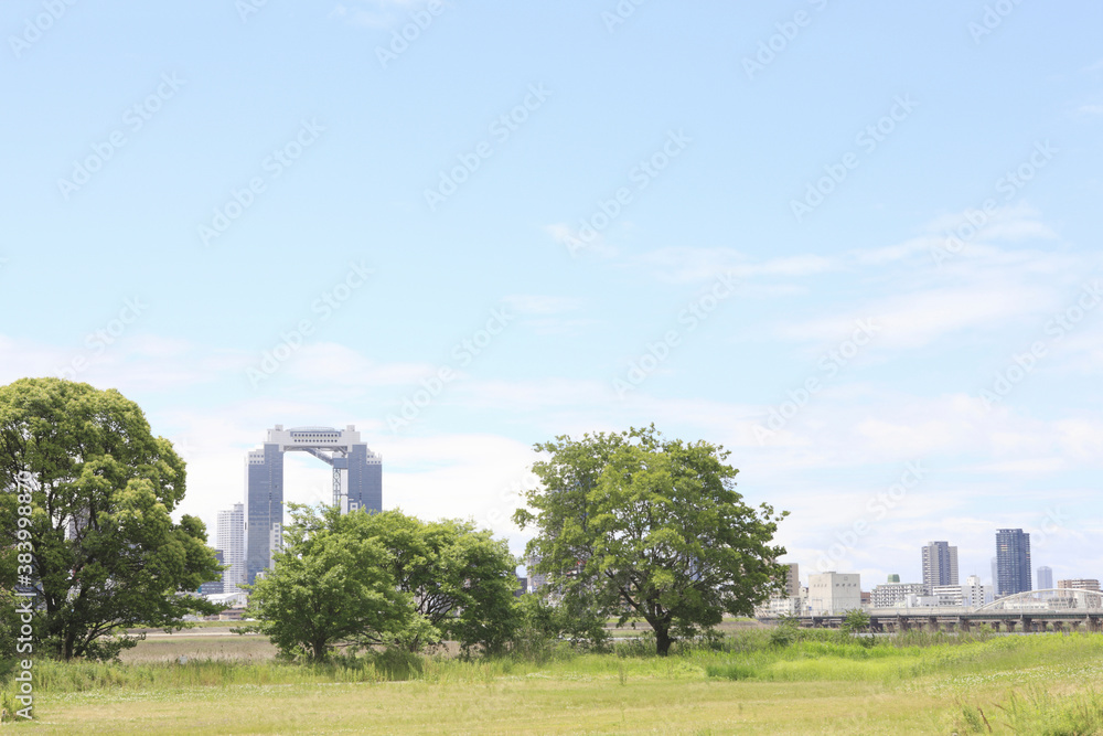 淀川河川敷から見る大阪北区