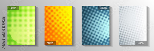 Futuristic point perforated halftone title page templates vector series. Business magazine faded 