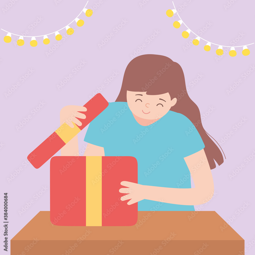 happy woman opening gift box with light decoration party