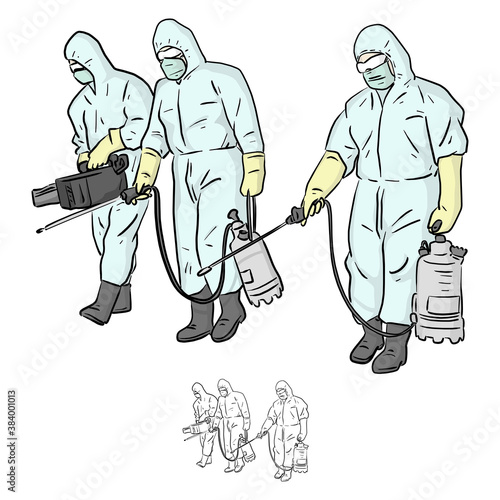 three specialists in protective suit spraying disinfectant to cleaning and disinfect virus, Covid-19, Coronavirus, preventive measure