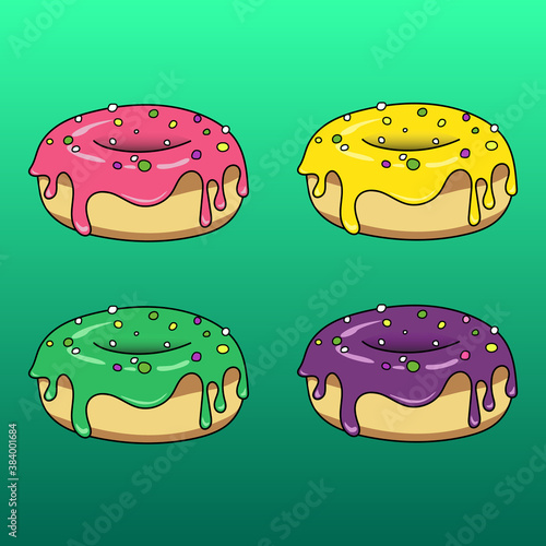 Vector illustration set of multicolour donuts on 
turquoise background. Textile, cover, sticker, website, application