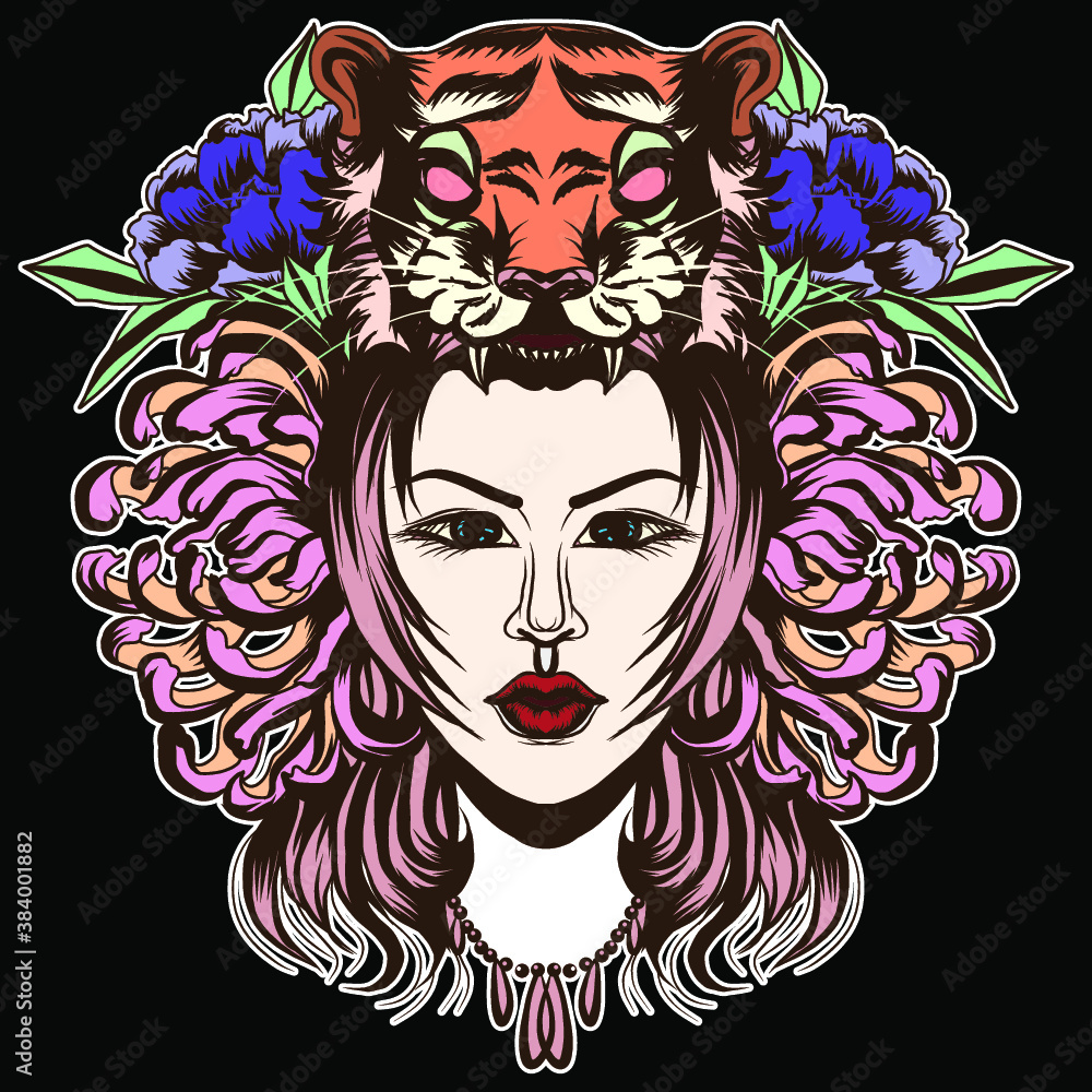 Neo Traditional Tattoo style, Native American girl with Tiger headdress Lineart old school tattoo Neo Traditional Tattoo style, Native American girl with Tiger headdress Lineart old school tattoo