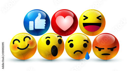 high quality 3d vector round yellow cartoon bubble emoticons for social media Facebook chat comment reactions, icon template face tear, smile, sad, love, like, Lol, laughter emoji character message