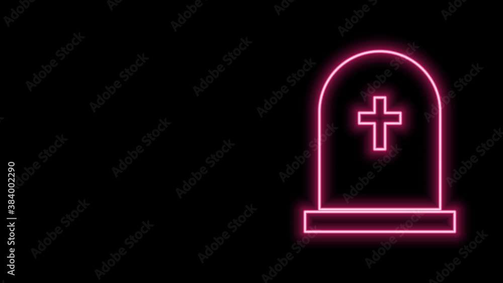 Glowing neon line Tombstone with cross icon isolated on black background. Grave icon. 4K Video motion graphic animation Glowing neon line Tombstone with cross icon isolated on black background. Grave icon. 4K Video motion graphic animation