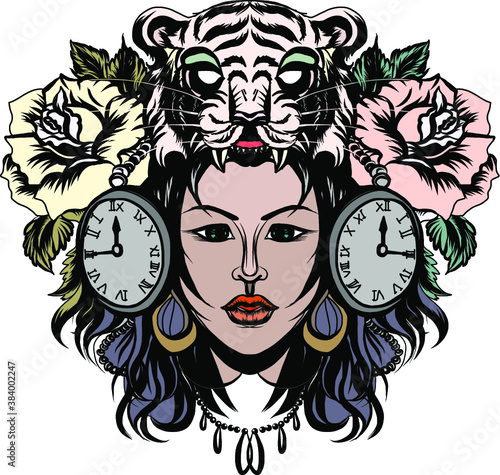 Neo Traditional Tattoo style, Native American girl with Tiger headdress Lineart old school tattoo