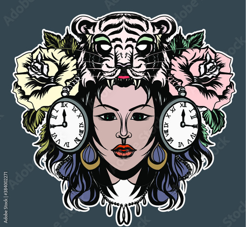 Native American girl with Wolf headdress full color.Tattoo Women set. Isolated flash of classic women tattoo vectors.Native American girl with Tiger headdress Lineart old school tattoo