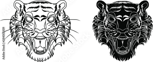 Hand drawn The Head of predator animal Lion and Tiger, Look like a Hat.Tiger face tattoo.lion face tattoo.