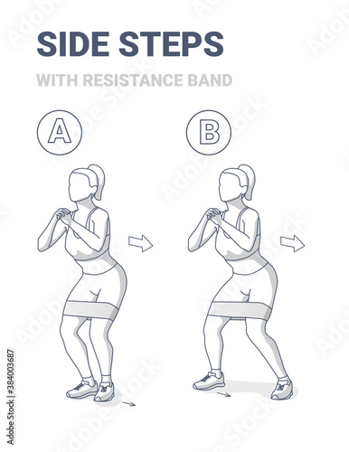 Side Walk with Resistance Band Exercise Guide Black and White Illustration.