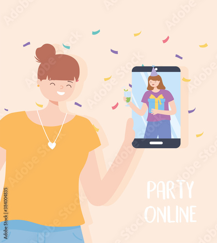 online party, woman with smartphone talking friend by internet celebration party