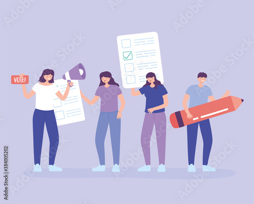 election day, people with ballot megaphone and pencil