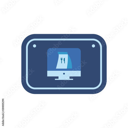 food delivery on computer in road sign flat style icon vector design