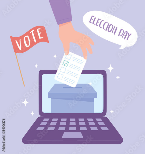 election day, voting online hand pushing ballot in box