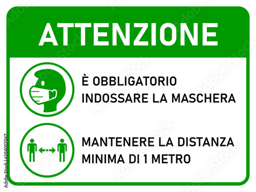 Horizontal Instruction Signboard with Basic Set of Measures against Coronavirus in Italian, including Attention Face Masks Required and Stay at least 1 Meter Apart. Vector Image.
