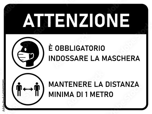 Horizontal Instruction Signboard with Basic Set of Measures against Coronavirus in Italian, including Attention Face Masks Required and Stay at least 1 Meter Apart. Vector Image.
