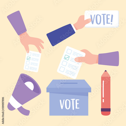 election day, hands with ballot speaker box and pencil icons