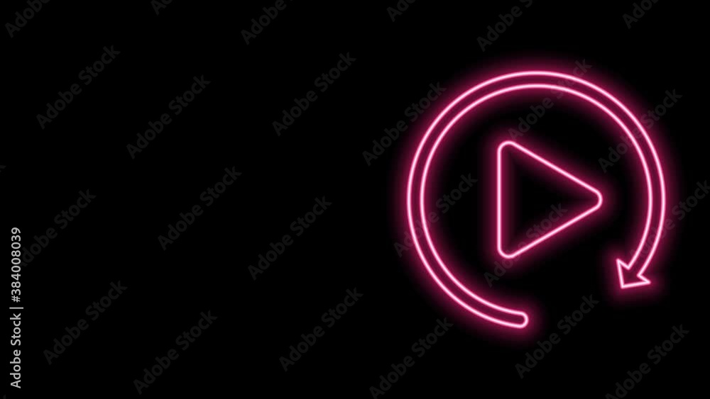 Glowing neon line Video play button like simple replay icon isolated on black background. 4K Video motion graphic animation