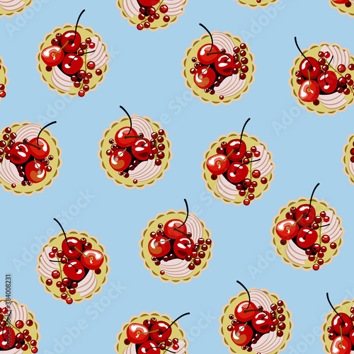 Seamless abstract pattern with delicious fruit tartlet cakes. Flat cartoon modern pop style.