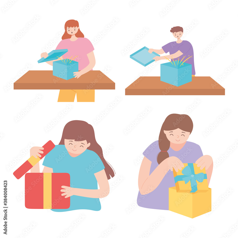 happy people opening gift boxes celebration happy people opening gift boxes celebration