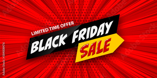 3d comic book cartoon black friday sale banner. Vector layout red banner on halftone radial background. Cartoon explosion Black Friday design.