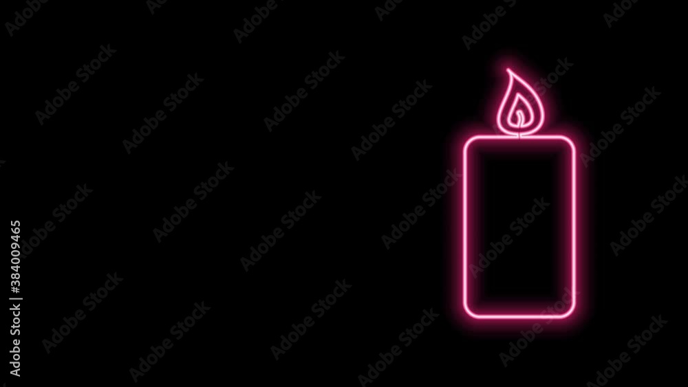 Glowing neon line Burning candle icon isolated on black background. Old fashioned lit candle. Cylindrical aromatic candle stick with burning flame. 4K Video motion graphic animation Glowing neon line Burning candle icon isolated on black background. Old fashioned lit candle. Cylindrical aromatic candle stick with burning flame. 4K Video motion graphic animation