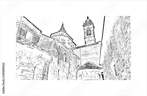 Building view with landmark of Bergamo is a city in the alpine Lombardy region of northern Italy. Hand drawn sketch illustration in vector.