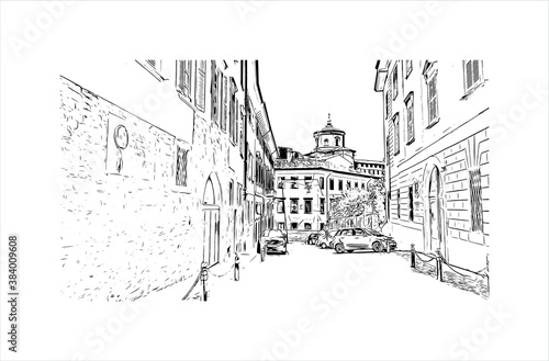 Building view with landmark of Bergamo is a city in the alpine Lombardy region of northern Italy. Hand drawn sketch illustration in vector.