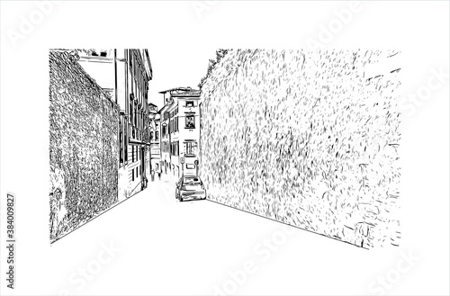 Building view with landmark of Bergamo is a city in the alpine Lombardy region of northern Italy. Hand drawn sketch illustration in vector.