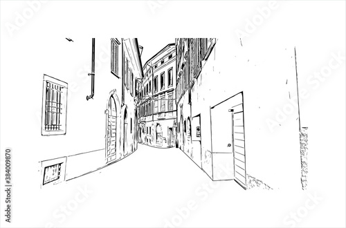 Building view with landmark of Bergamo is a city in the alpine Lombardy region of northern Italy. Hand drawn sketch illustration in vector.