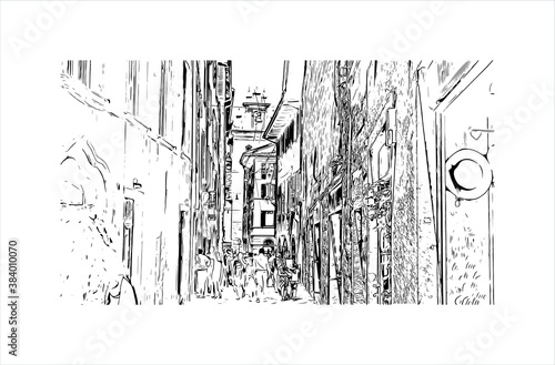 Building view with landmark of Bergamo is a city in the alpine Lombardy region of northern Italy. Hand drawn sketch illustration in vector.