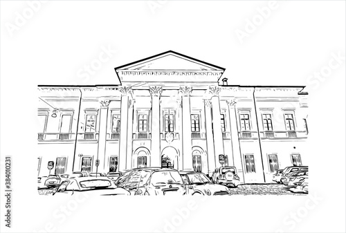 Building view with landmark of Bergamo is a city in the alpine Lombardy region of northern Italy. Hand drawn sketch illustration in vector.