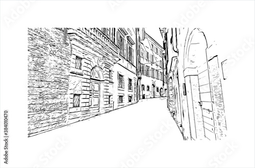 Building view with landmark of Bergamo is a city in the alpine Lombardy region of northern Italy. Hand drawn sketch illustration in vector.