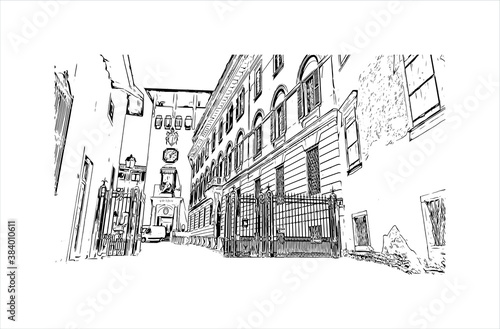 Building view with landmark of Bergamo is a city in the alpine Lombardy region of northern Italy. Hand drawn sketch illustration in vector.
