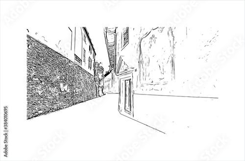 Building view with landmark of Bergamo is a city in the alpine Lombardy region of northern Italy. Hand drawn sketch illustration in vector.