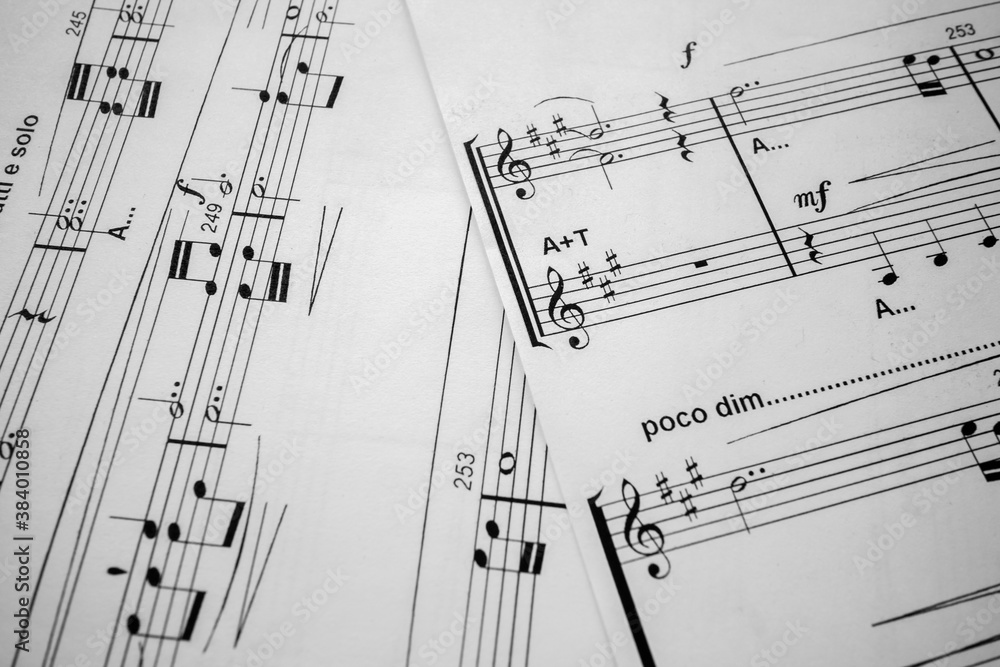 Fototapeta premium Sheets of musical notes. Still life. Musical notation. Treble clef. Music for people and learning. Art education. High quality photo
