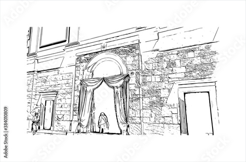 Building view with landmark of Bergamo is a city in the alpine Lombardy region of northern Italy. Hand drawn sketch illustration in vector.