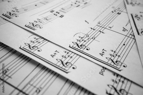 Sheets of musical notes. Still life. Musical notation. Treble clef. Music for people and learning. Art education. High quality photo